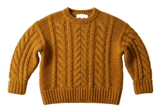 Luxurious oversized ochre chunky knit sweater displaying detailed aran cable patterns, flat lay on a transparent background with soft studio lighting. Concept of cozy autumnal fashion appeal
