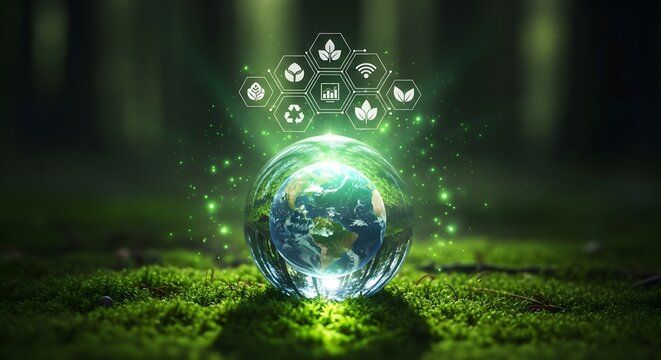 Glowing earth orb with ecology icons in forest setting