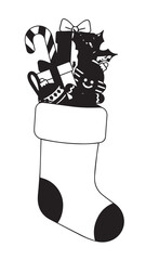 Illustrated Christmas stocking filled with gifts, candy cane, and star decorations.