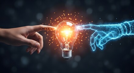 Human and ai hand touching light bulb innovation concept