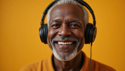 Smiling senior man enjoys music while wearing headphones against a vibrant background Generative AI