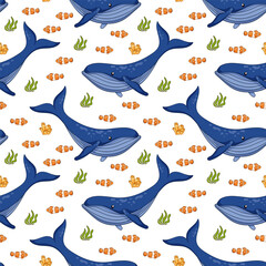Humpback whale and Clown fish seamless pattern in cartoon. Undersea animal background for summer print design.
