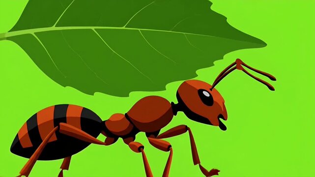 Animated Red Ant Carrying A Leaf Across Green Background.