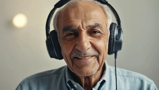 Elderly man enjoying music with headphones in a cozy indoor setting Generative AI