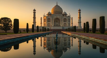 Sunrise over Taj Mahal, reflected in a canal
