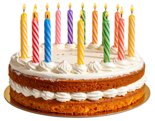 A delicious multi-layered cake topped with many colorful lit candles