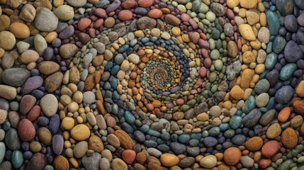Polished mosaic of embedded stones arranged in concentric spirals Ultra-detailed clarity unique textures of stone under soft lighting
