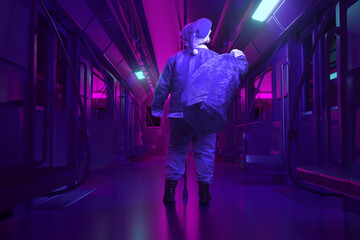 Digital Composition of Santa Claus from Behind Holding Christmas Sack in Subway Train