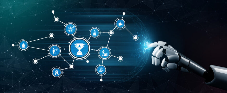 A robotic hand reaches out to interact with a vivid digital network, showcasing various icons that symbolize achievement and technological advancement in a sleek design. Tessel