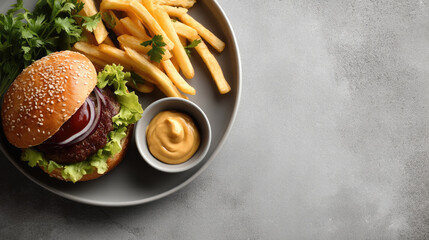 Burger lettuce tomato onion sesame bun French fries mustard parsley gray plate delicious meal