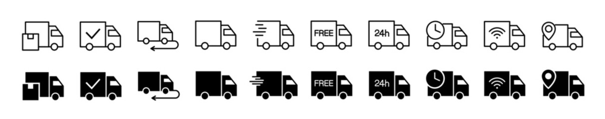 Fototapeta na wymiar Delivery truck icon set. Logistics and express delivery symbol. Vector illustration.
