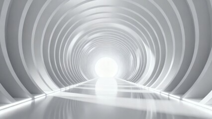 Obraz premium Futuristic white tunnel with curved walls and bright light at the end