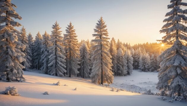 Snowy forest at sunrise with tall trees and soft light in winter landscape Generative AI