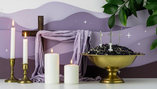 Ash Wednesday Composition with Wooden Cross Draped in Purple Cloth, Lit Candles, and Ashes in Golden Bowl on Abstract Background