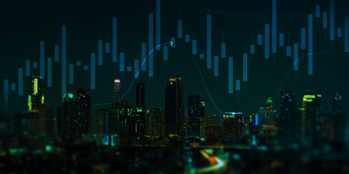 Digital City Growth Analytics and Economic Data Network Visualization at Night. - Powered by Adobe