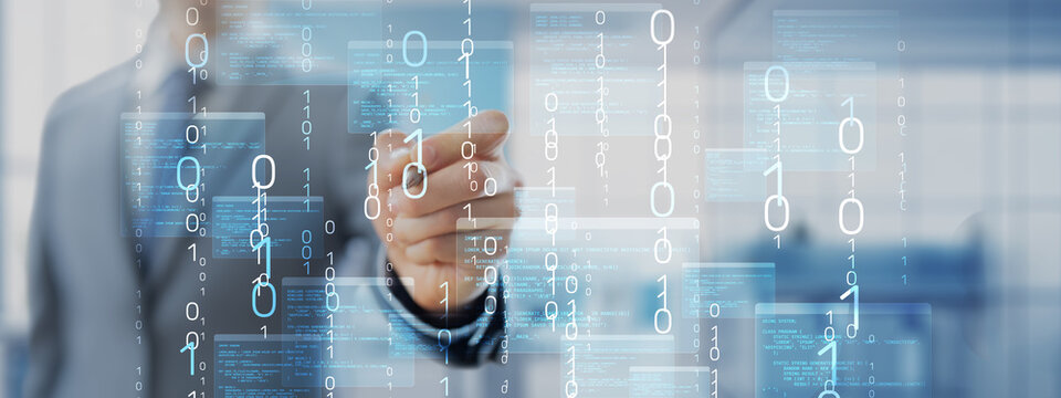 Binary Code and Software Programming Visualization with Interactive Digital Interface.