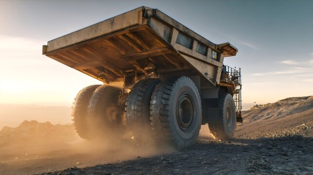 Heavy mining dump truck transporting material on quarry road