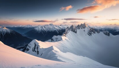 Majestic mountain landscape at sunset showcasing snow-capped peaks and valleys Generative AI