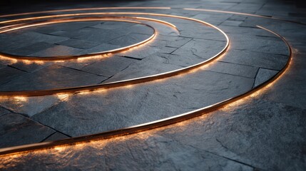 Polished stone surface inlaid with concentric copper rings glowing subtly under directional light Symbolizing connected pathways of inclusion