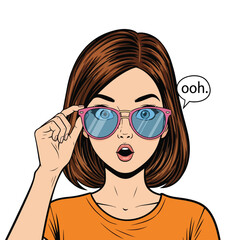 Surprised woman in sunglasses with ooh speech bubble