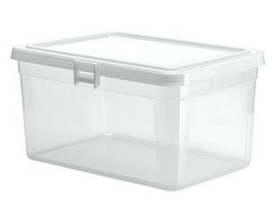Clear plastic rectangular storage container with white lid, latch