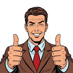A man in a brown suit and red tie winks and gives two thumbs up with a wide smile.