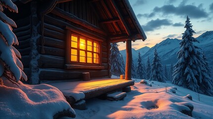 Illustration of a snowy forest hut terrace at sunset, warm and cool tones, representing the Czech fairy tale &ldquo;The Twelve Months&rdquo;