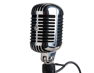Classic chrome microphone with a black background, studio style