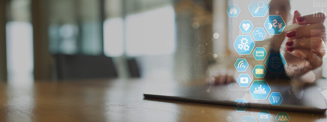 Digital Interaction and Data Visualization for Business Insights on a Wide Banner, Business and Technology Concept.