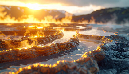 Thermal Spring Landscape: The sun paints the water and mineral formations with gold, creating a surreal landscape of warmth and cold. Steam rises, adding to the otherworldly scene.