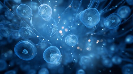 Glowing microscopic organisms float within a deep blue aquatic environment