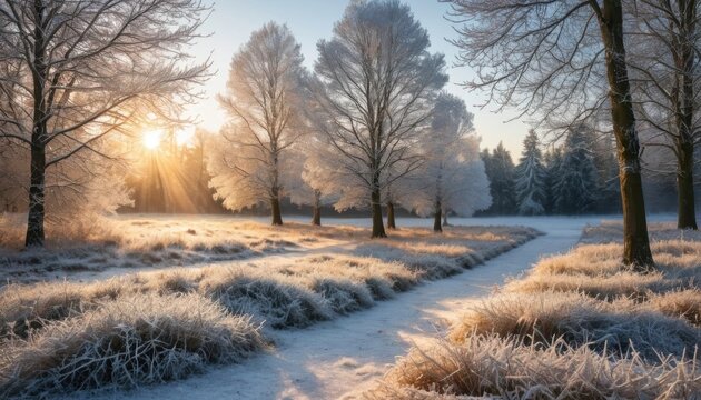 Frosty morning light shining through trees in a serene winter landscape Generative AI