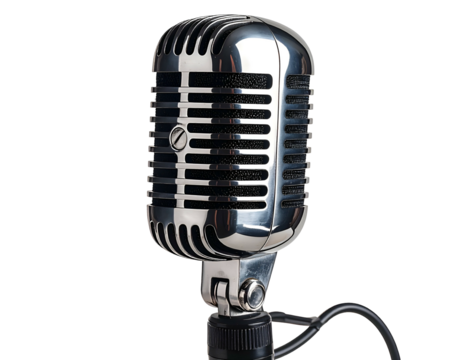 Classic chrome microphone with a black background, studio style