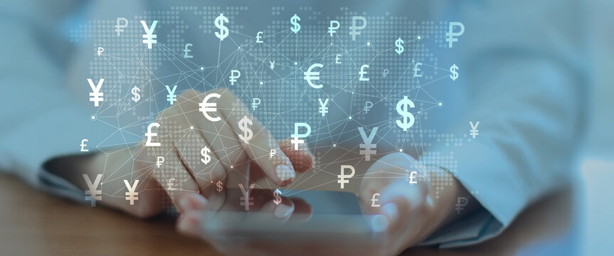 Global Currency Symbols Network Interface on Digital Tablet in Financial Technology Environment.