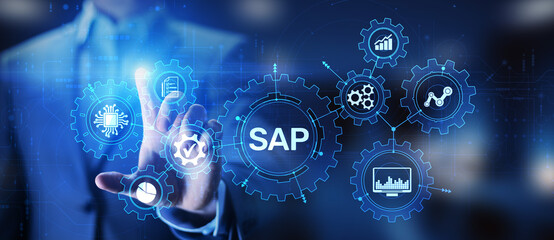 SAP - Business process automation software. ERP enterprise resources planning system concept on virtual screen.