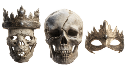 Dramatic skull collection with ornate crown and mask, perfect for gothic themes, Halloween designs, or macabre artistic projects, creating an eerie atmosphere