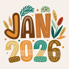 January 2026 boho style typography with botanical elements
