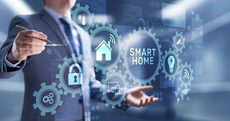 Smart home control panel on virtual screen. IOT and Automation technology concept.