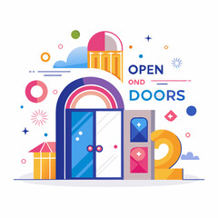 Open doors concept with colorful abstract elements and number two