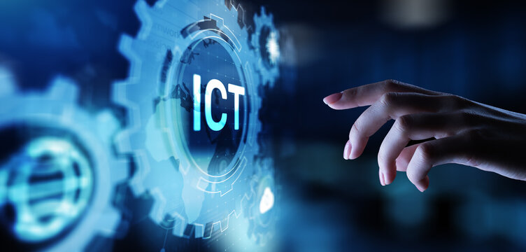 ICT - Information and communication technology concept on virtual screen.