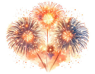 Cluster of bright, artistic fireworks exploding in soft evening light