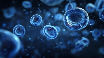 Microscopic view depicts several glowing biological cells suspended in a dark liquid medium