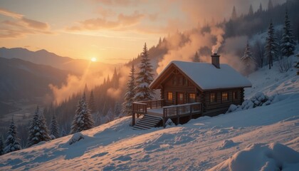 Cozy cabin nestled in snowy mountains during a stunning sunset scene Generative AI