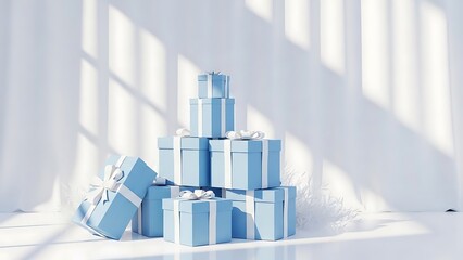 A stack of light blue gift boxes tied with white ribbons, arranged in a festive display.