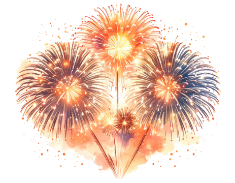 Cluster of bright, artistic fireworks exploding in soft evening light