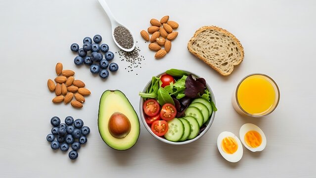 Overhead View of Various Healthy Breakfast Ingredients on White Surface