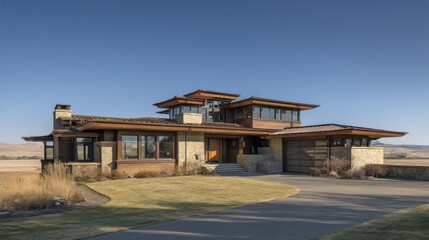 Prairie-style American home with low horizontal lines broad eaves flat roof and natural materials situated among open plains
