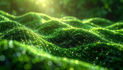 Vibrant Green Data Landscape: An artistic representation of a data-driven landscape, with lush green hills and a network of shimmering lines, symbolizes interconnectedness and digital growth.