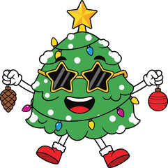Cool Christmas Tree Cartoon Character Wearing Star Sunglasses Holding Pine Cone and Bauble Vector Illustration for Holiday Design