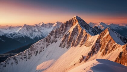 Majestic mountain landscape during sunset with vibrant sky colors and snowy peaks Generative AI